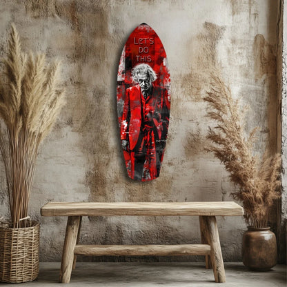 Red Joker surfboard tempered glass art on concrete wall