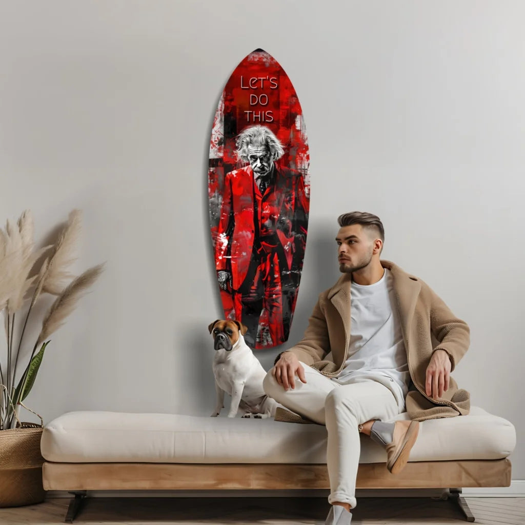 Vibrant Joker tempered glass art surfboard on gray wall