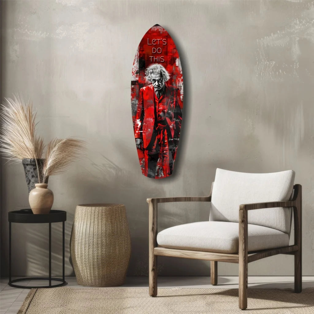 Joker surfboard tempered glass art with bold red design and lets do this text