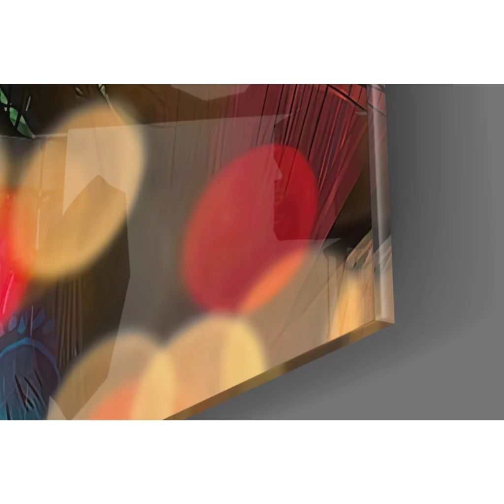 Joker glass wall art with bold face paint and warm bokeh lights