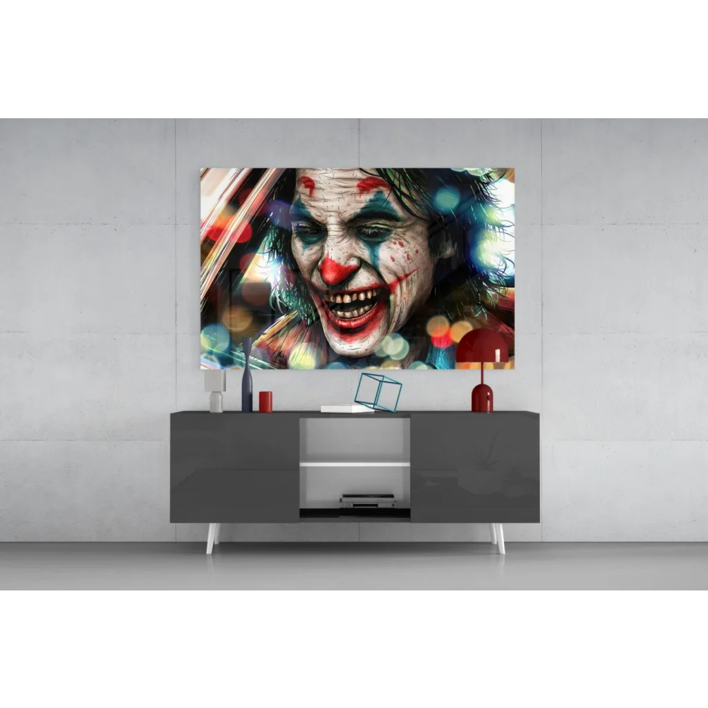 Vibrant Joker canvas wall art with bold red nose and smeared makeup