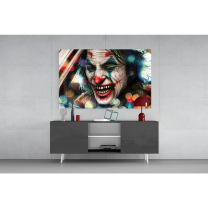 Vibrant Joker canvas wall art with bold red nose and smeared makeup