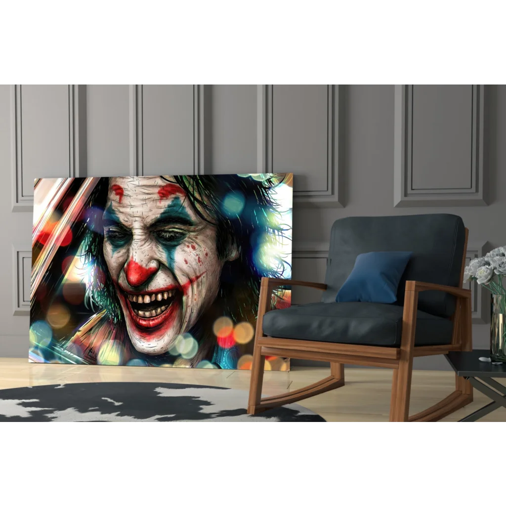 Vibrant Joker canvas wall art with bold red green paint and bokeh lights
