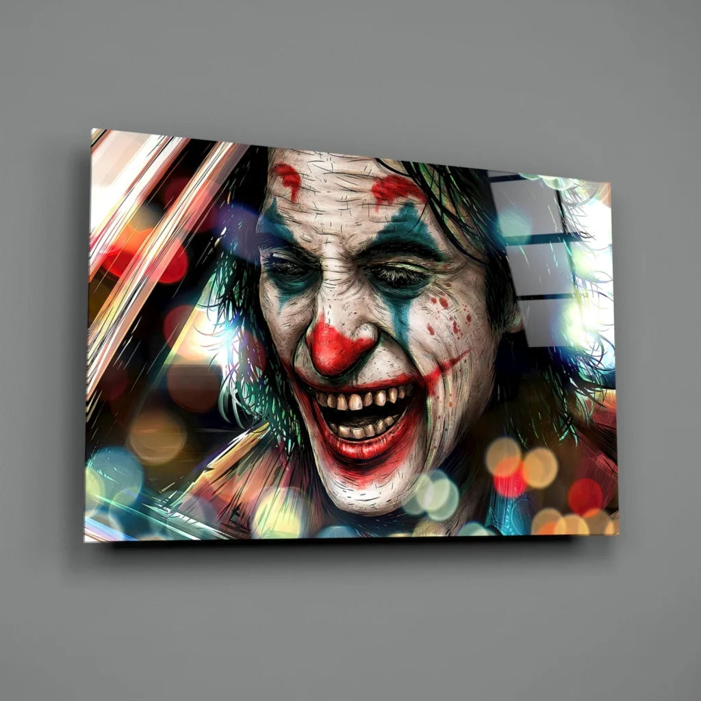 Joker Canvas Wall Art with Bold Face Paint and Bokeh Lights | Glass Wall Art Print | vintageantiquesgifts.com