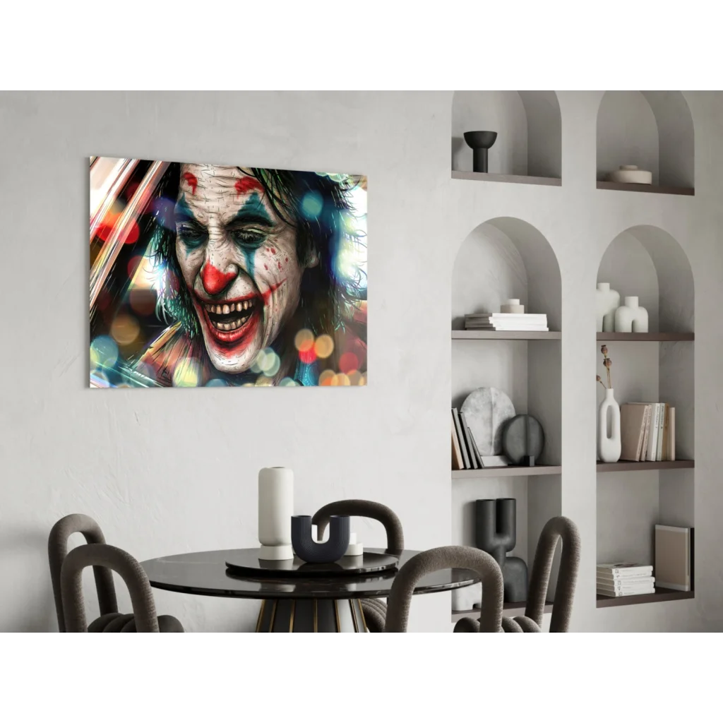 Vibrant Joker canvas wall art with bold red nose and smeared makeup on white wall