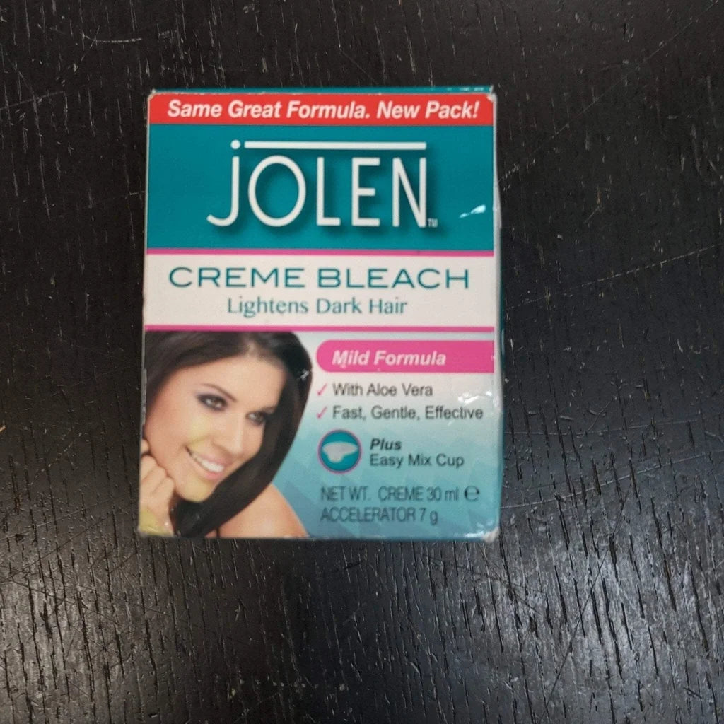 Jolen Creme Bleach lightens dark hair mild formula in teal pink box