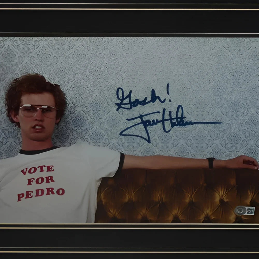 Jon Heder autographed Napoleon Dynamite deluxe framed 11x17 photo on couch
