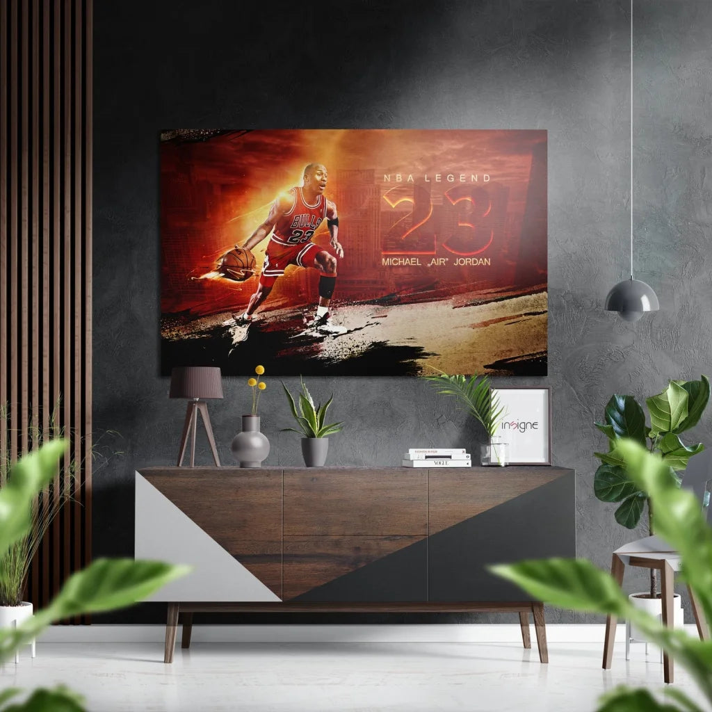 Vibrant Michael Jordan in #23 Bulls jersey on fiery brushed aluminium dibond art