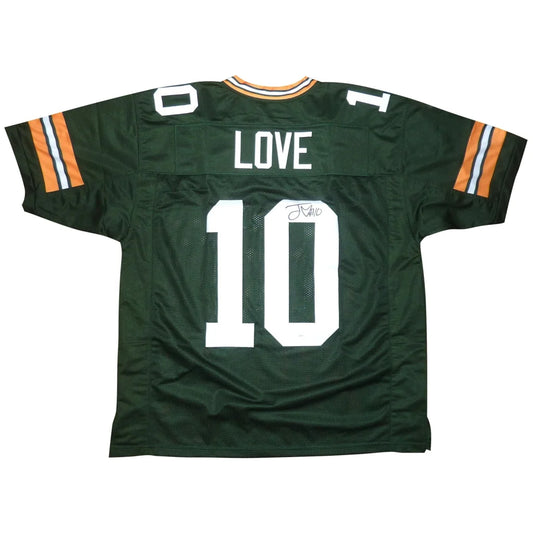Back of Jordan Love autographed Green Bay custom jersey, green #10 Love