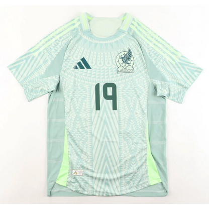 Mint green Adidas Mexico soccer jersey with number 19 signed by Jorge Sanchez
