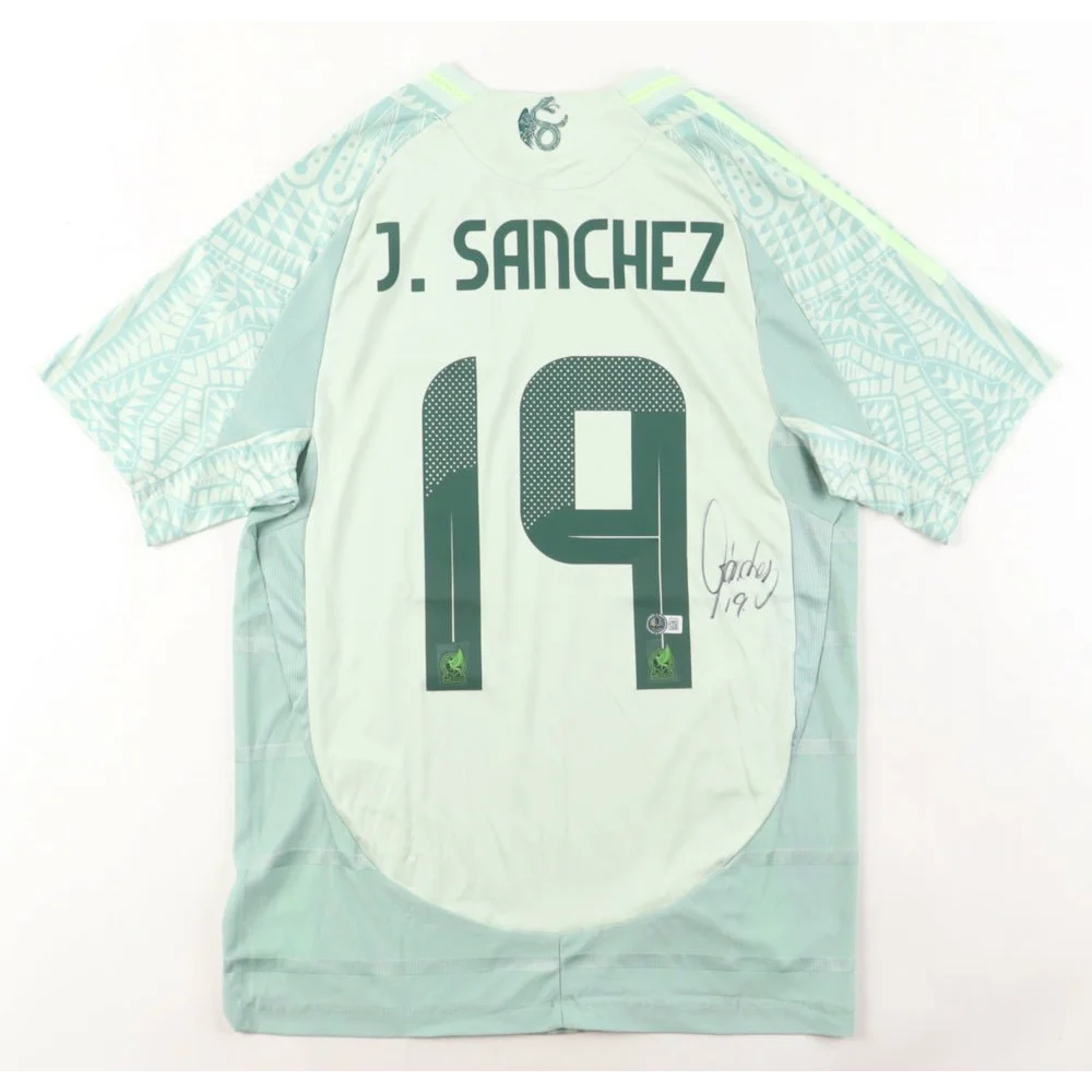 Light green Jorge Sanchez signed Mexico jersey with J SANCHEZ 19 on the back