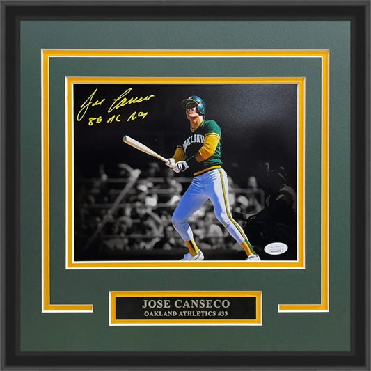 Framed signed Jose Canseco Oakland Athletics 8x10 photo with 86 AL ROY
