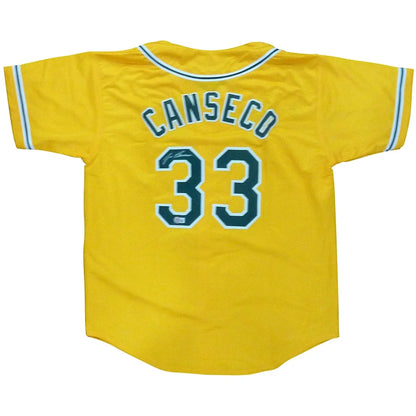 Jose Canseco autographed Oakland yellow #33 custom jersey with teal lettering