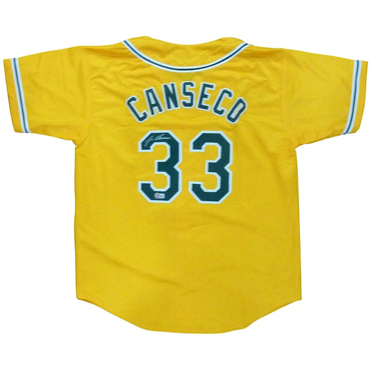 Jose Canseco autographed Oakland yellow #33 custom jersey with teal lettering