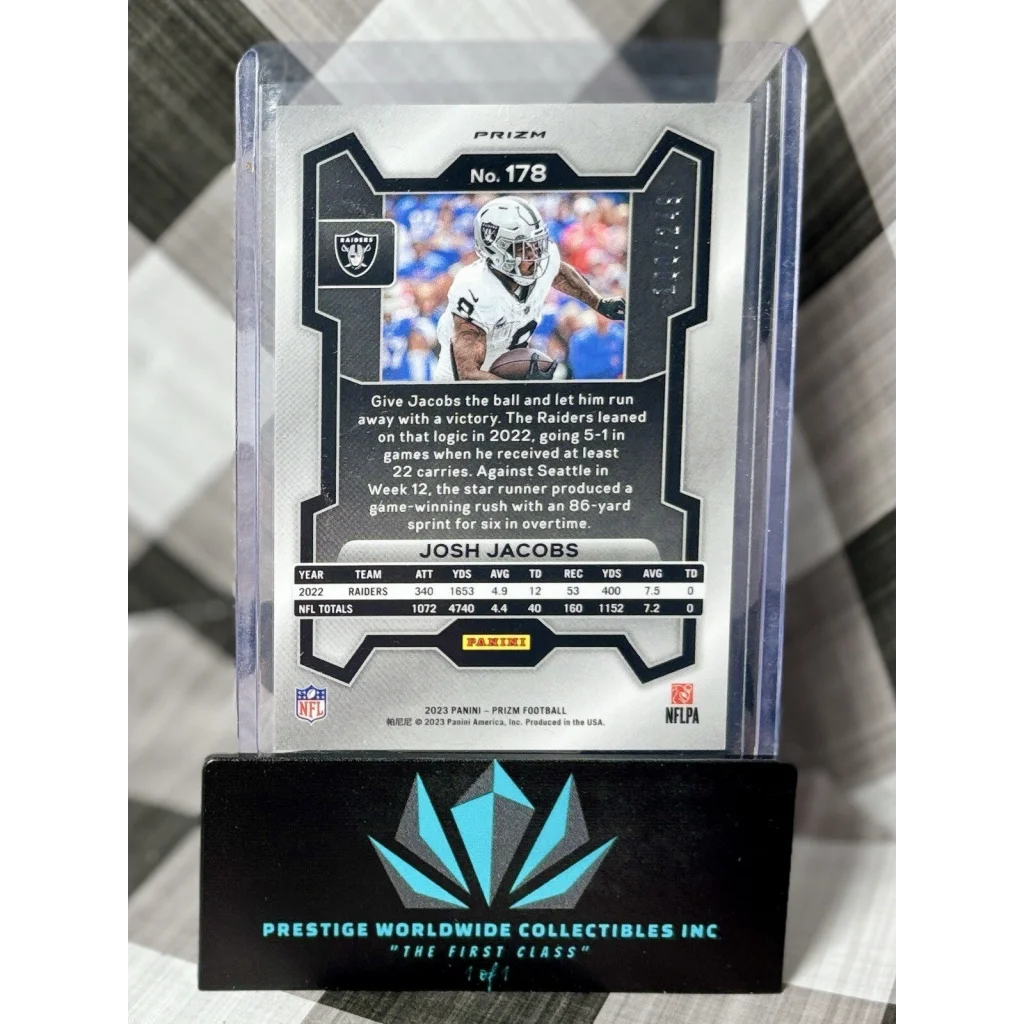 Josh Jacobs 2023 Prizm Gold Foil card in case from Prestige Worldwide