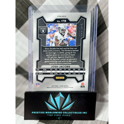 Josh Jacobs 2023 Prizm Gold Foil card in case from Prestige Worldwide