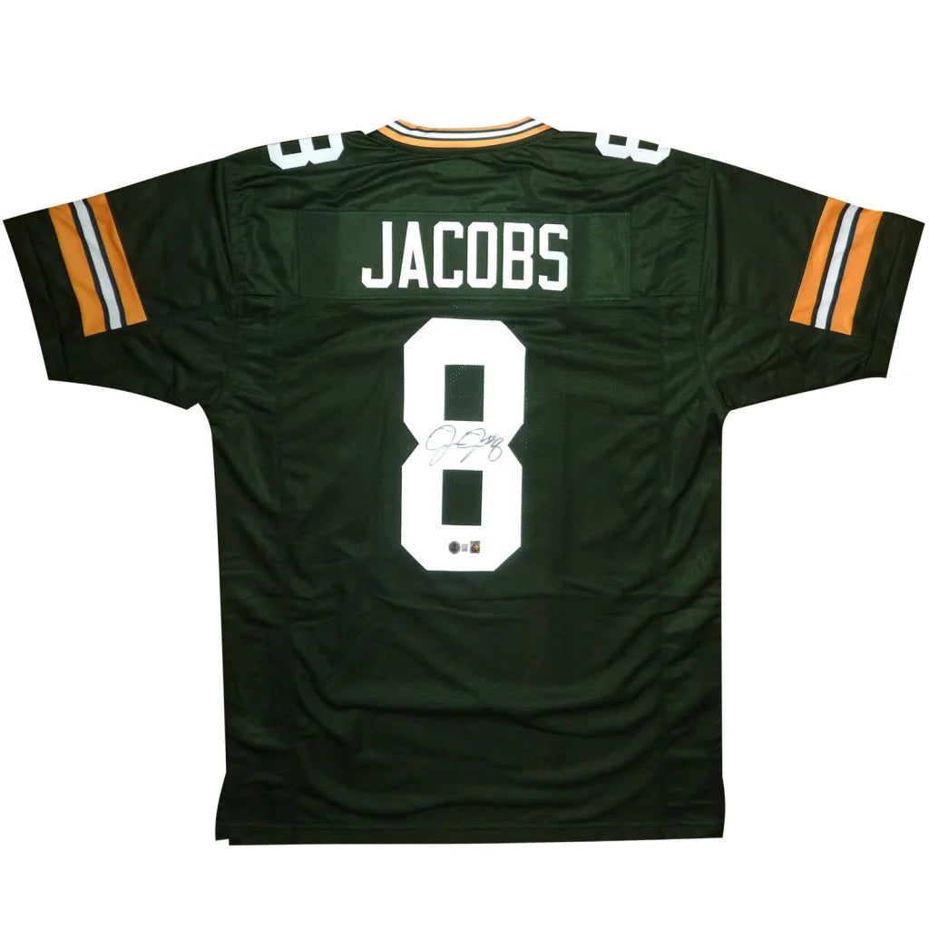 Josh Jacobs autographed Green Bay jersey number 8 green with white orange accents Jacobs nameplate