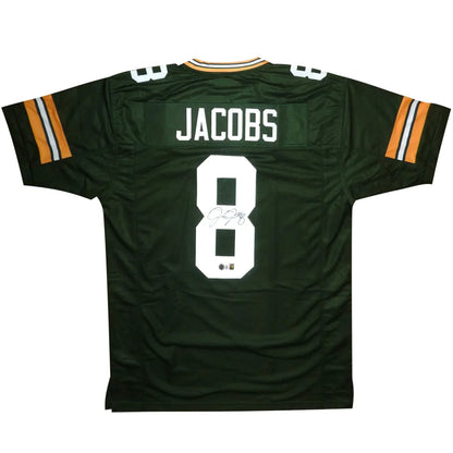 Josh Jacobs autographed Green Bay jersey number 8 green with white orange accents Jacobs nameplate