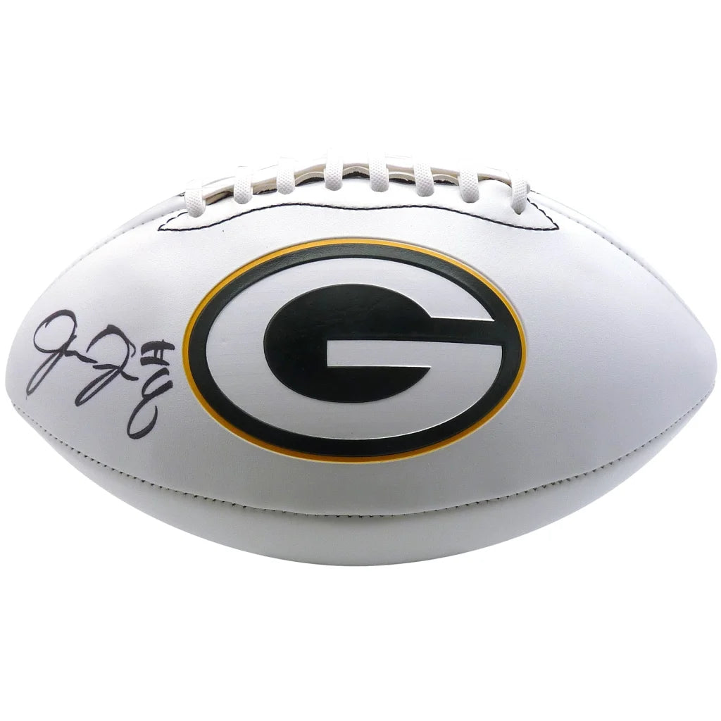 White leather Green Bay Packers logo football signed by Josh Jacobs