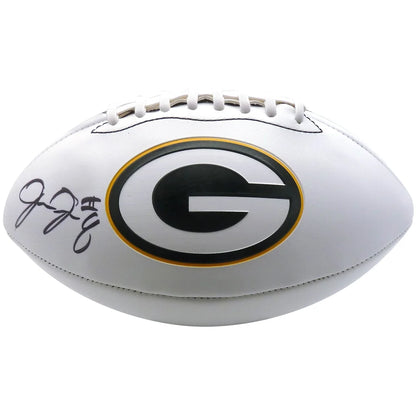 White leather Green Bay Packers logo football signed by Josh Jacobs