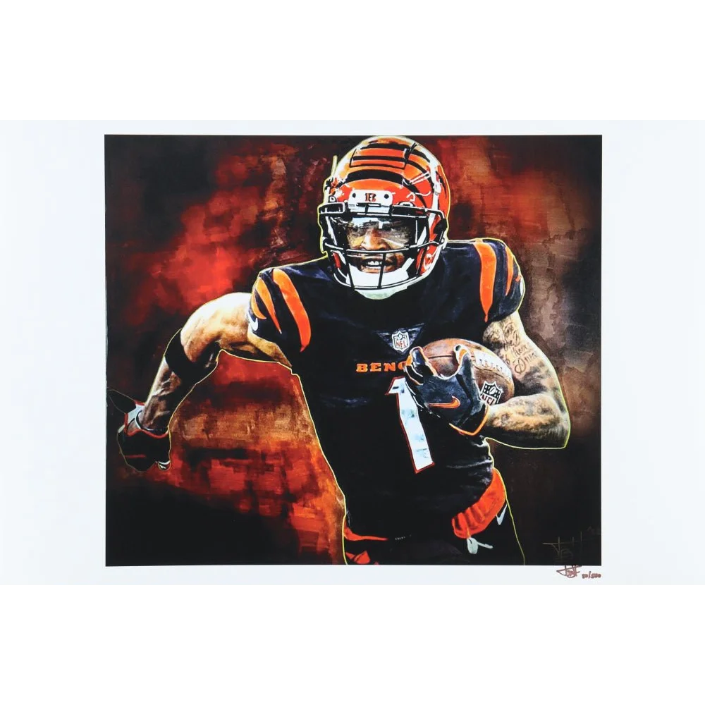 Football player in black and orange uniform holding ball for Joshua Barton Pristine Authentic print