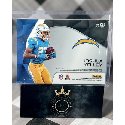 Joshua Kelley 2023 Panini Prestige Rookie Auto Patch card in blue uniform
