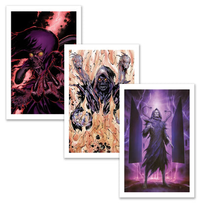 Three framed artworks of a dark hooded monster from Tony Lee’s The Journey Below bundle