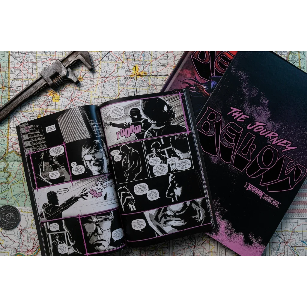 Open graphic novel with black and white illustrations from Tony Lee’s The Journey Below bundle