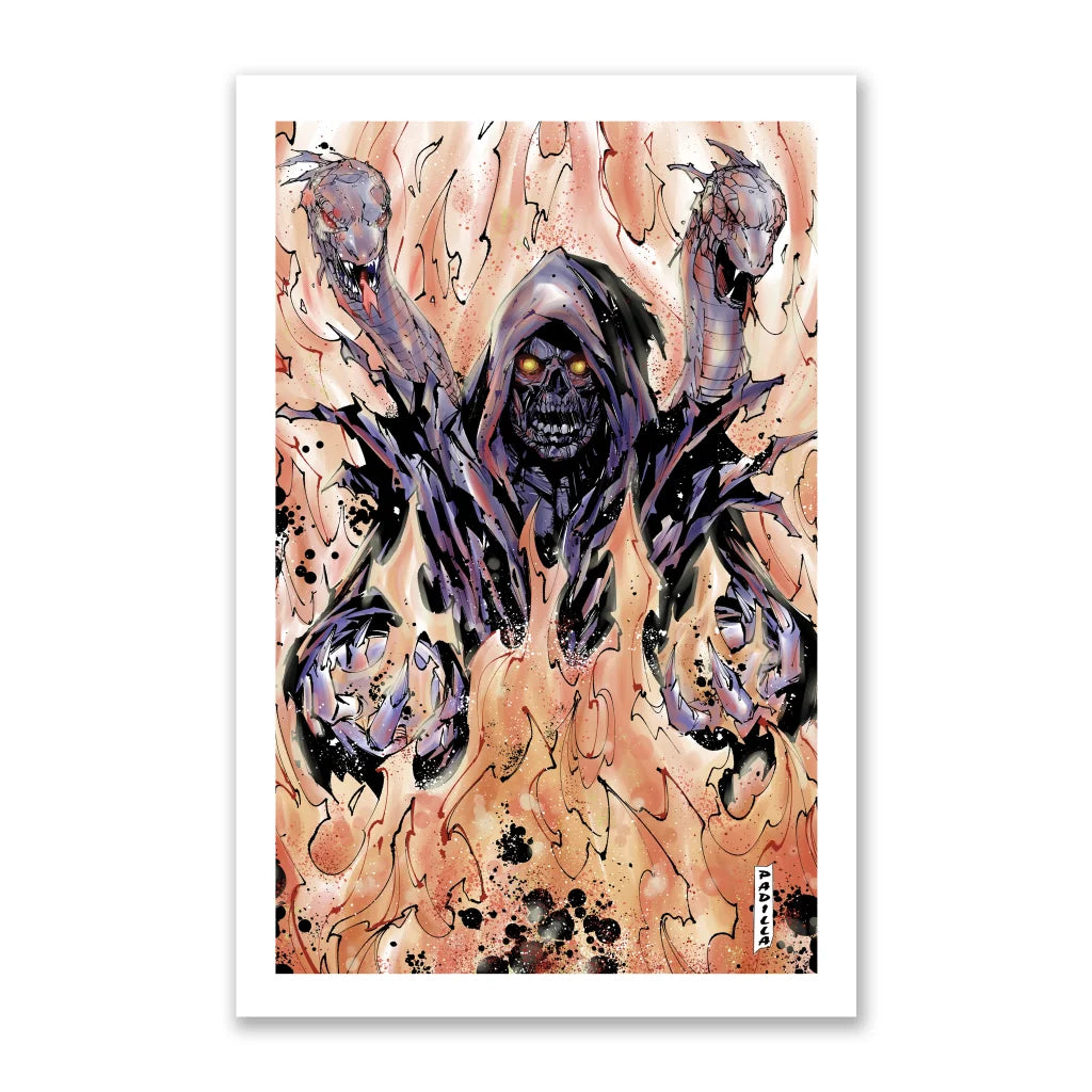 Tony Lee framed print of a skeletal figure in a dark hooded robe with flames and snake heads