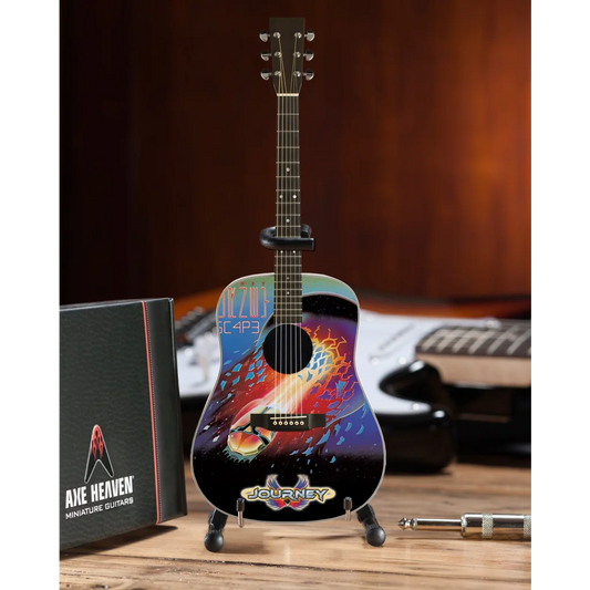 Journey Escape Mini Guitar by Axe Heaven with cosmic design and stand