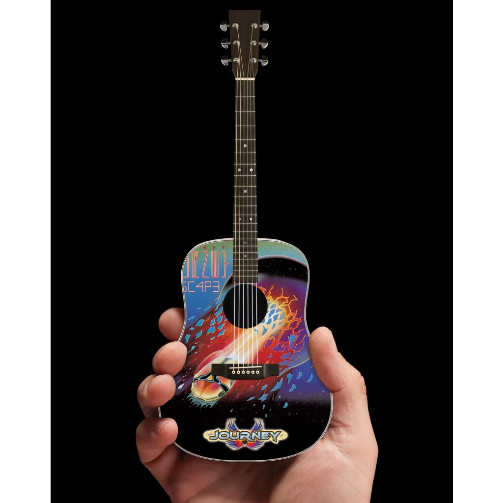 Journey Escape Mini Guitar by Axe Heaven with cosmic design and stand