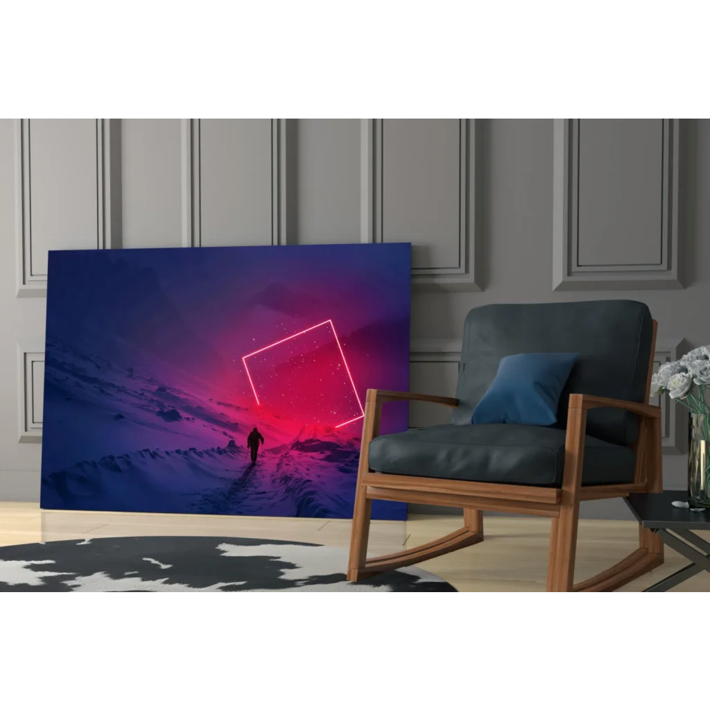 Vibrant neon pink and purple glass wall art of lone figure in snowy mountains