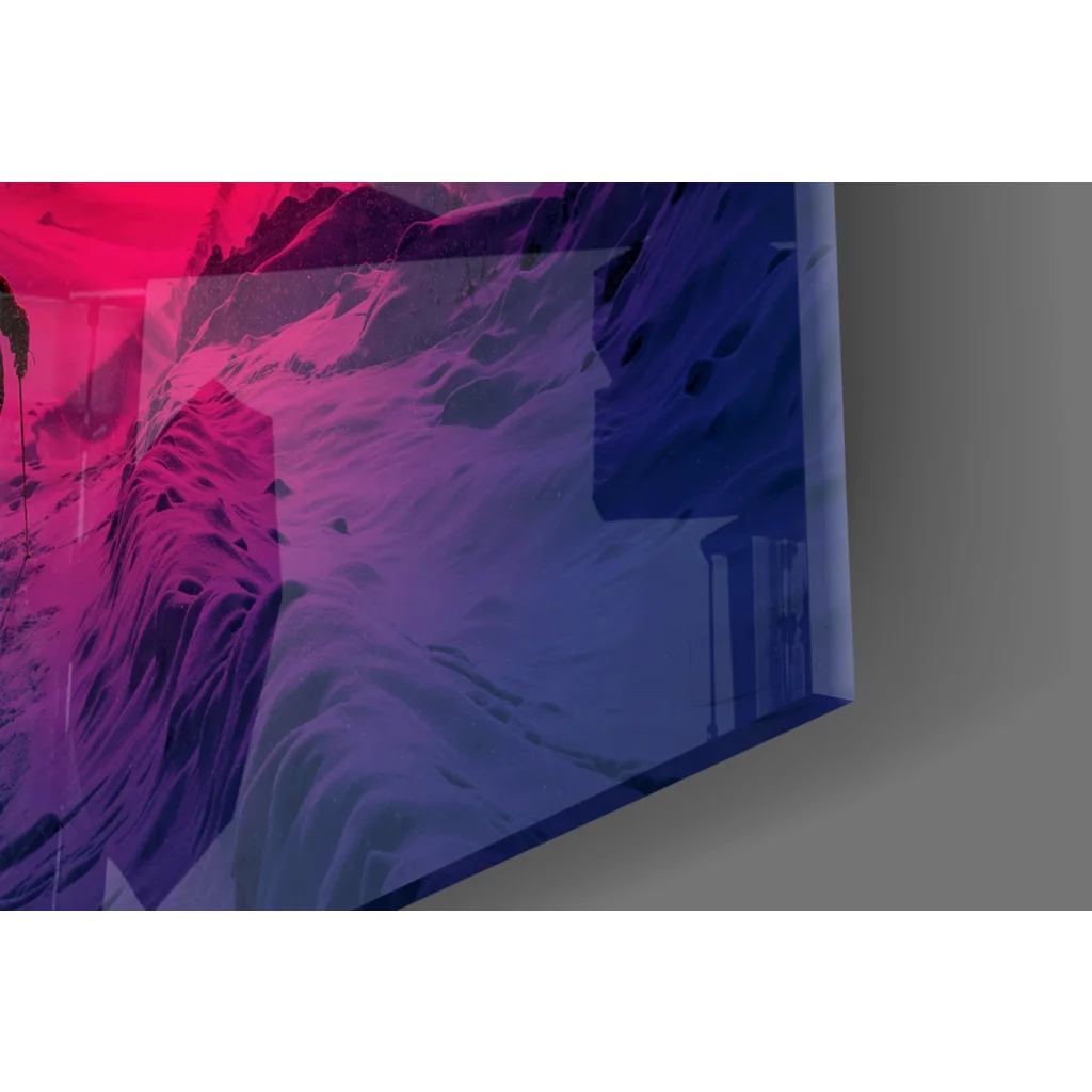 Vibrant abstract mountain glass wall art with pink purple gradients