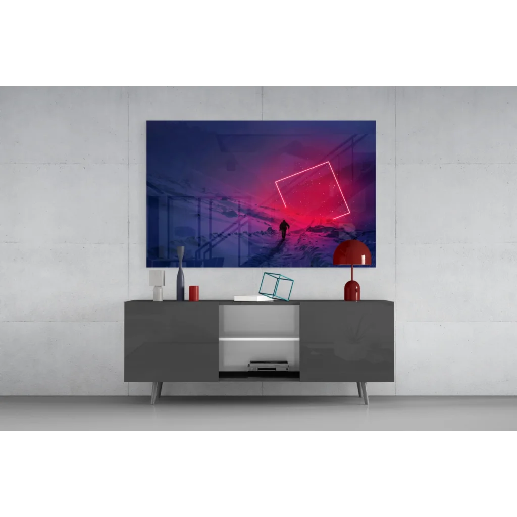 Vibrant neon pink and blue glass wall art with glowing geometric square in moody landscape