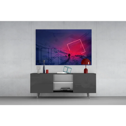 Vibrant neon pink and blue glass wall art with glowing geometric square in moody landscape