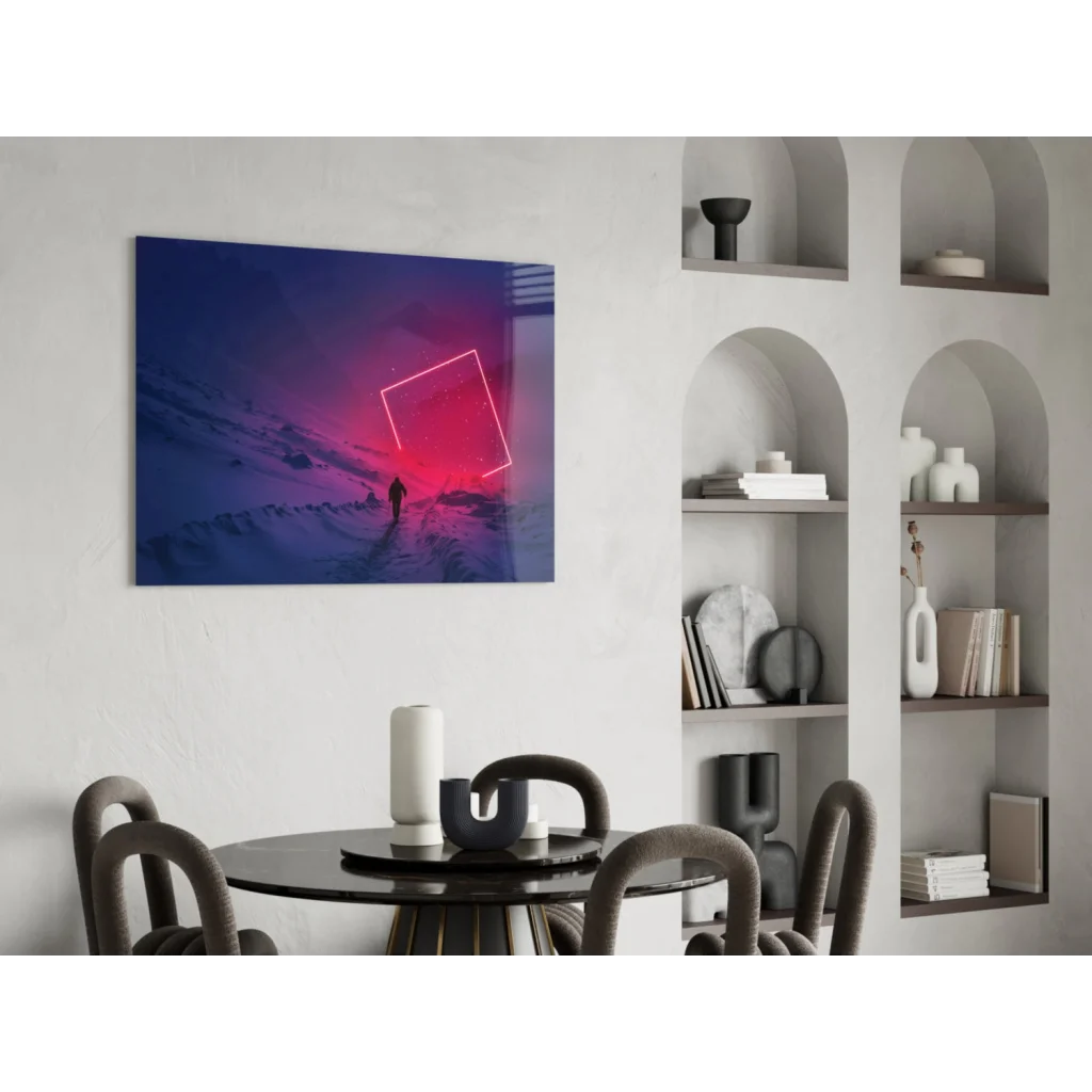 Vibrant neon pink and blue glass wall art of glowing square on snowy landscape