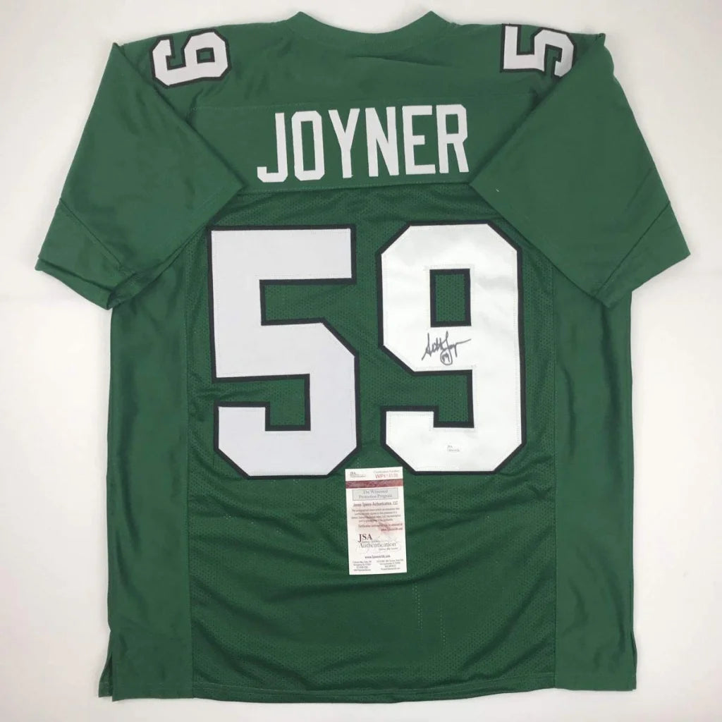 Green football jersey with white numbers and signature from Joyner 59, a custom sports league collectible
