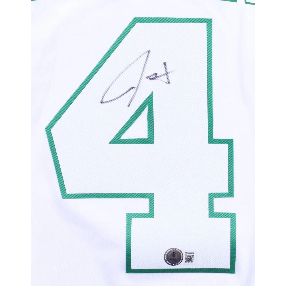 White Boston Celtics jersey with green 4 and Jrue Holiday signed signature
