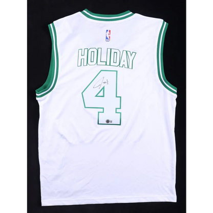White Boston Celtics jersey with HOLIDAY and 4, Jrue Holiday signed collectible