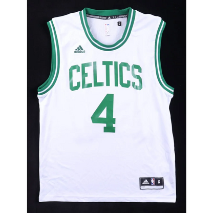 White Boston Celtics jersey with green trim and number 4, Jrue Holiday signed collectible