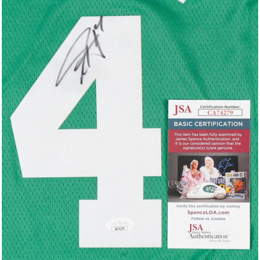 Green Jrue Holiday signed Celtics jersey with white number 4 and black autograph