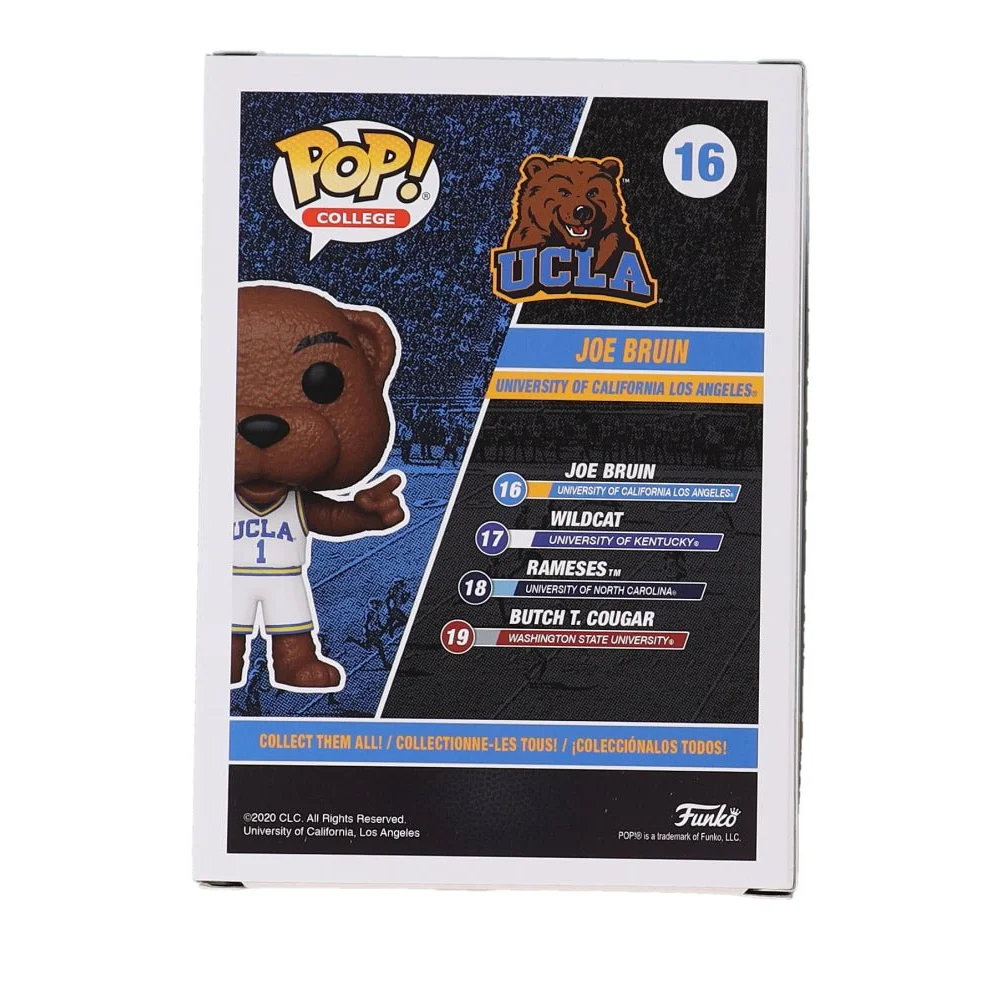 Back of Funko Pop College vinyl figure box featuring Joe Bruin and Jrue Holiday signature