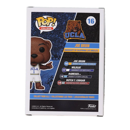 Back of Funko Pop College vinyl figure box featuring Joe Bruin and Jrue Holiday signature