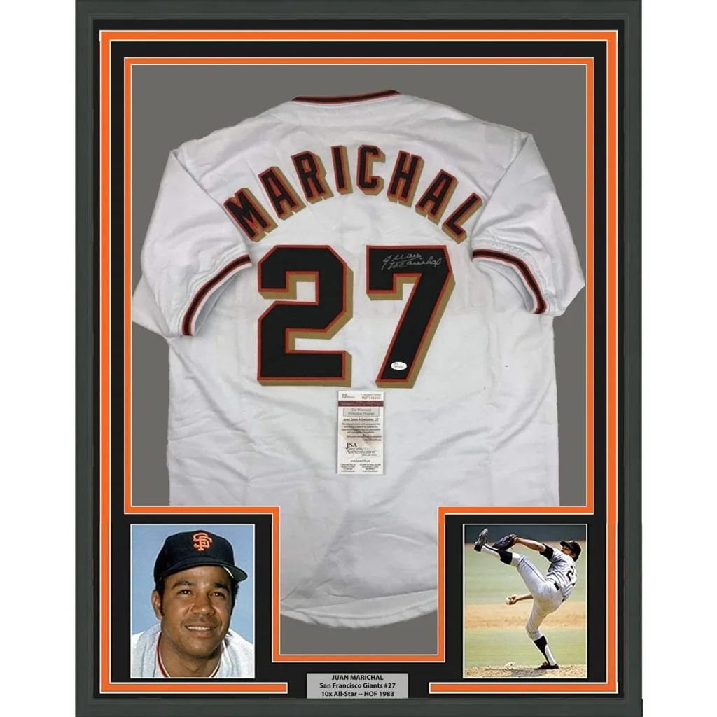 Framed Juan Marichal San Francisco Giants #27 signed jersey with player photos for your man cave