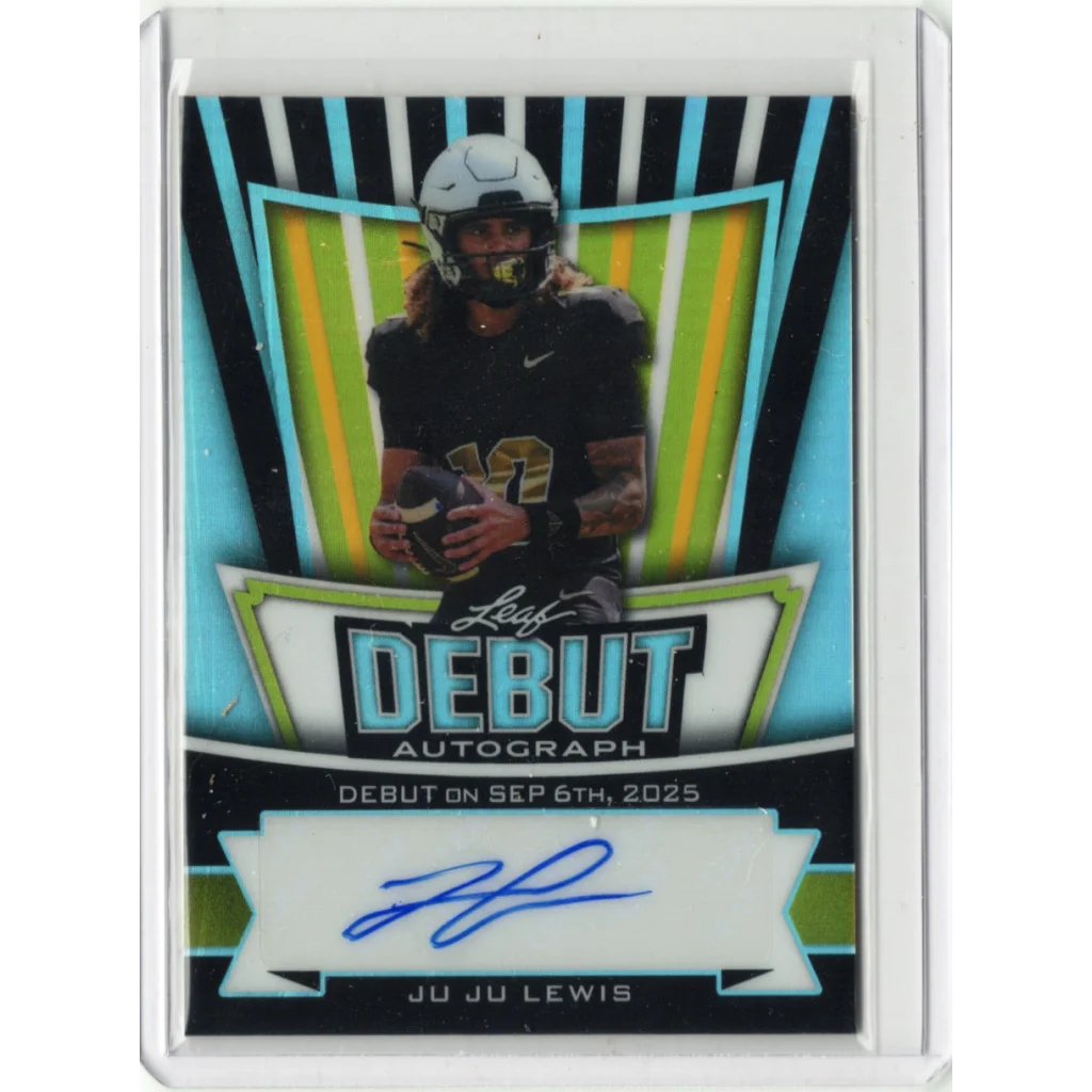 JuJu Lewis 2025 rookie auto football card, 1/11 Leaf edition, green blue accents, Nike logo