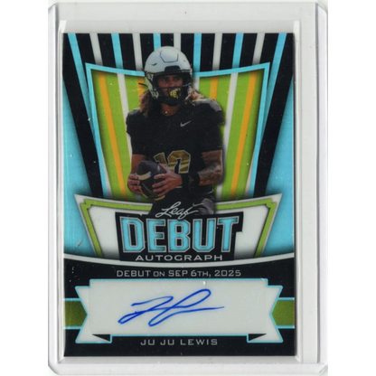 JuJu Lewis 2025 rookie auto football card, 1/11 Leaf edition, green blue accents, Nike logo