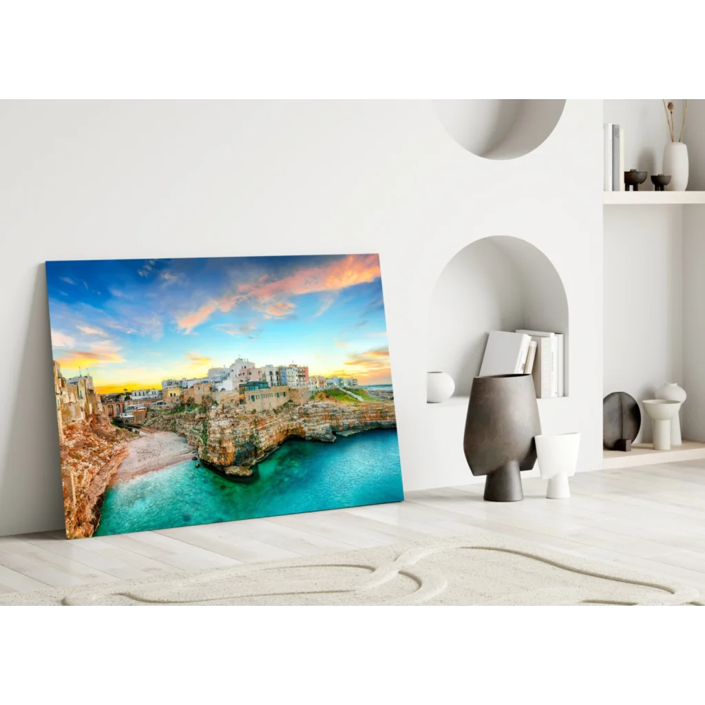 Coastal Town Glass Wall Art with Turquoise Waters and Cliffs | Modern Wall Art Decor | vintageantiquesgifts.com