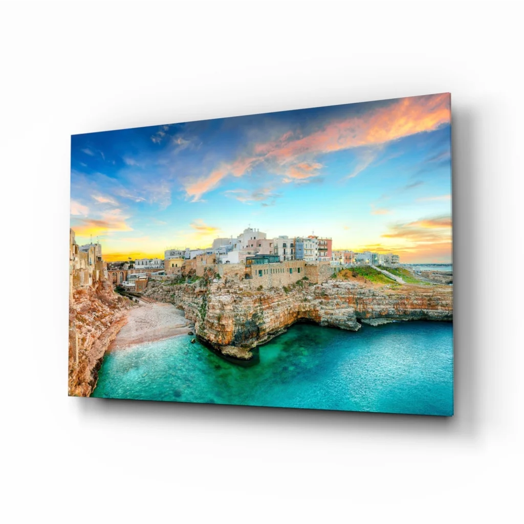 Coastal Town Glass Wall Art with Turquoise Waters and Cliffs | Insigneart USA | vintageantiquesgifts.com