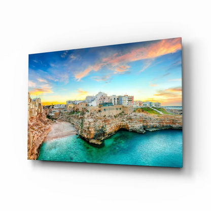 Coastal Town Glass Wall Art with Turquoise Waters and Cliffs | Insigneart USA | vintageantiquesgifts.com