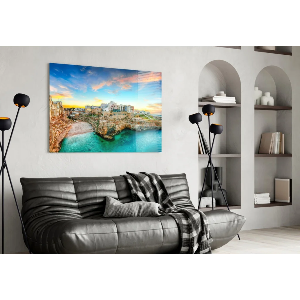 Coastal Town Glass Wall Art with Turquoise Waters and Cliffs | Contemporary Home Wall Art | vintageantiquesgifts.com